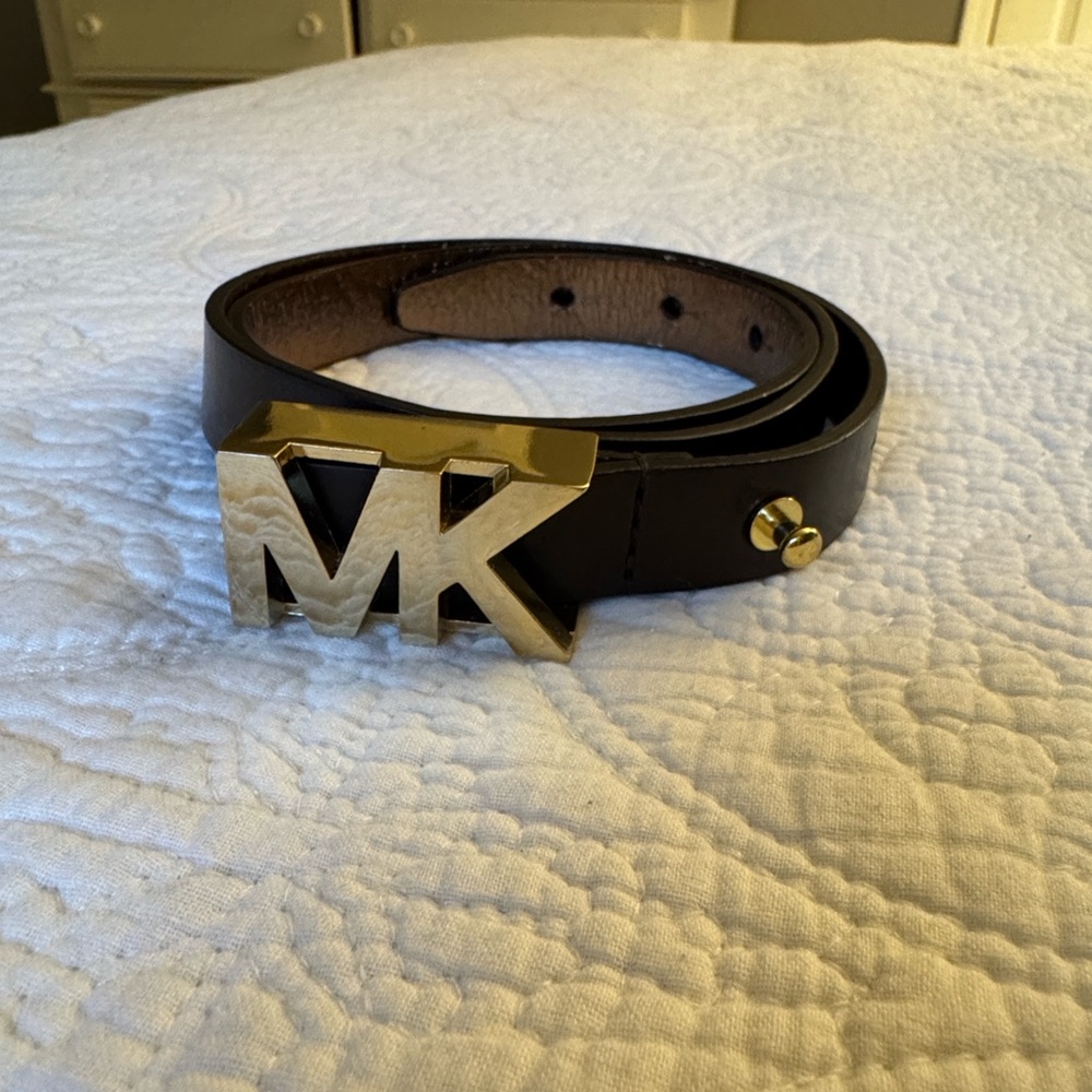 Michael Kors Black Leather Belt with Gold MK